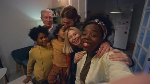 Happy Family of Parents, Kids and Grandparents Taking Selfie at Home
