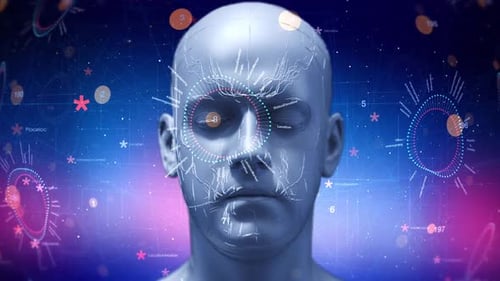 Futuristic human face with augmented reality interface and data visualization