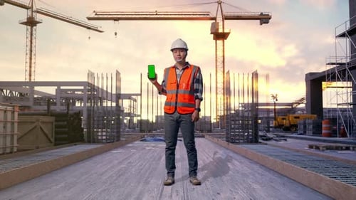 Asian Male Engineer Smiling And Showing Green Screen Smartphone at Construction Site