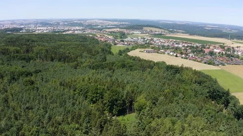 Aerial View From a Drone Buildings of a Picturesque Town in a Rural Area a Thick Forest
