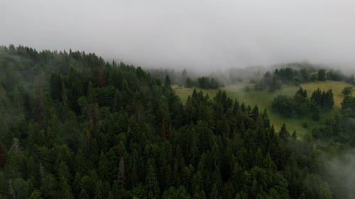 Aerial View of a Mountain Valley with a Village and Lush Green Forest in Fog Hyperlapse