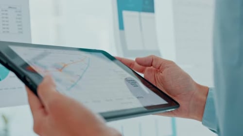 Marketing, hands and worker with digital tablet reading research, analytics and graph in an office
