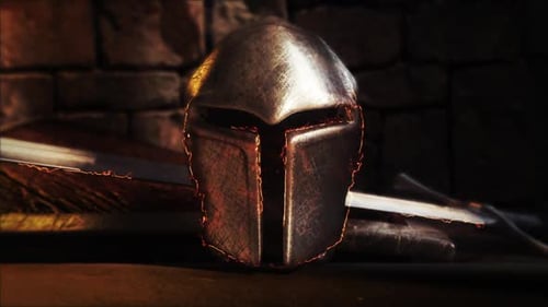 Gritty Metallic Helmet and Sword Reveal with Fiery Outline