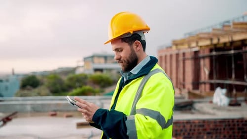 Architect, research and man with tablet at building site, scroll and safety inspection update