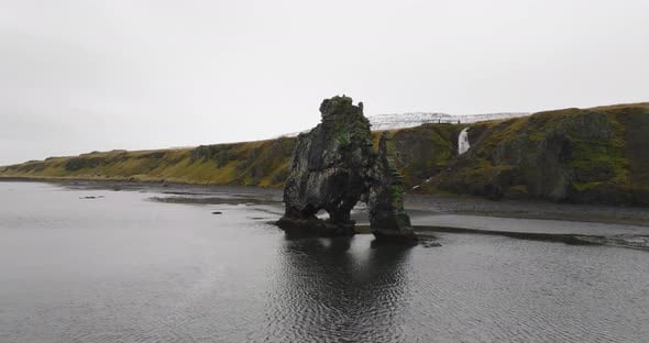 aerial view of hvitserkur basalt rock with waterfall, Nature Stock ...