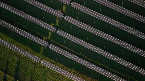 Aerial View of Solar Power Panels in Rows During Sunset Producing Clean Renewable Energy and Casting