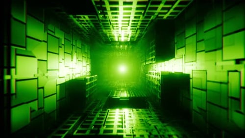 Futuristic sci fi tunnel with green lighting. Abstract hyperspace background