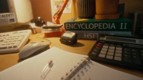 Teenagers Workspace with Notebooks and Code on Computer Screen in 90s