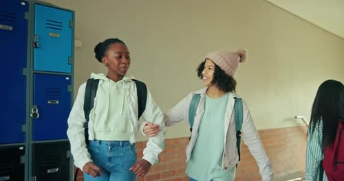 Teenagers, students and walking in school for education, learning and bonding together