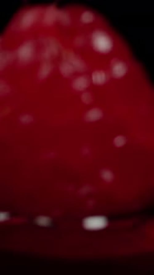 Vertical video. Backing away as raspberry berries fall onto the table with water splashes. Slow