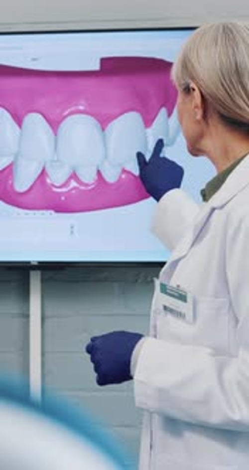 Dentist, woman and talking with dental scan in office for oral education, consultation or advice