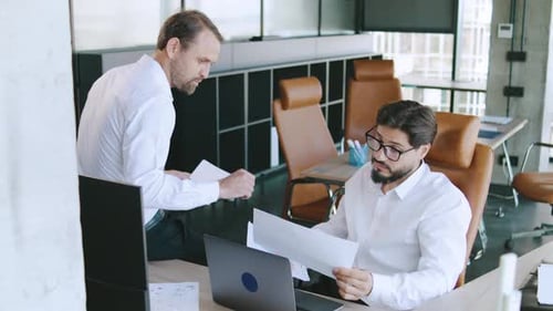 Two Business Professionals Discussing Papers in a Modern Office Setting During Work Hours