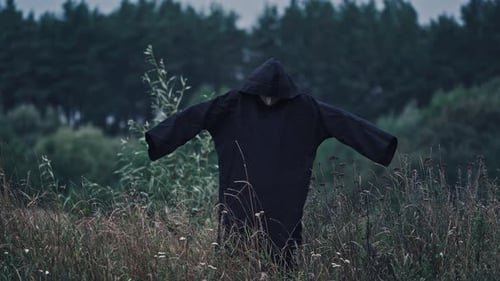 Black death with outstretched arms outdoors.