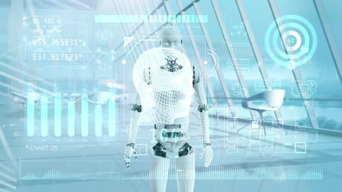 Futuristic AI Robot with Holographic HUD Interface