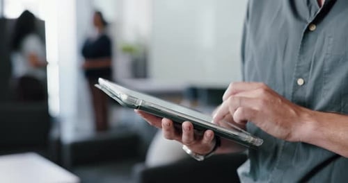 Hands, tablet and business person with typing, website review and internet research in office