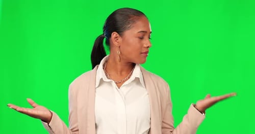 Decide, woman with hand gesture for choice and against a green screen pointing for decision