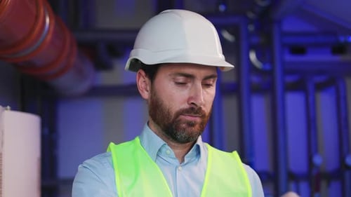 Professional Plumber in Workshop Holding Laptop Registering Data Hard Hat