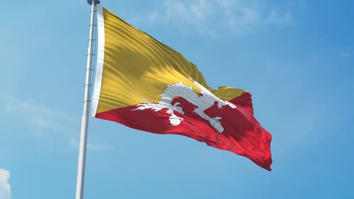 Realistic Bhutan Flag Waving in Clear Blue Sky