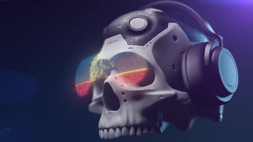 Futuristic Skull with VR Headset and Digital Projections