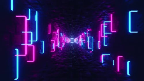 Ein langer, dunkler Flur mit lila und blauen Neonlichtern auf beiden Seiten. Animation in einer Schleife