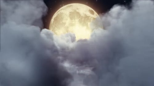 Shining Full Moon Revealed by Moving Clouds at Night