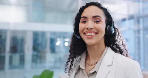 Call center, business woman and face in a office with consultation and smile from company