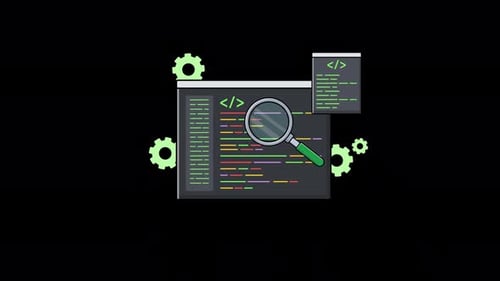 Ventana de Código con lupa. Vídeo de animación del concepto de análisis de codificación: transparente