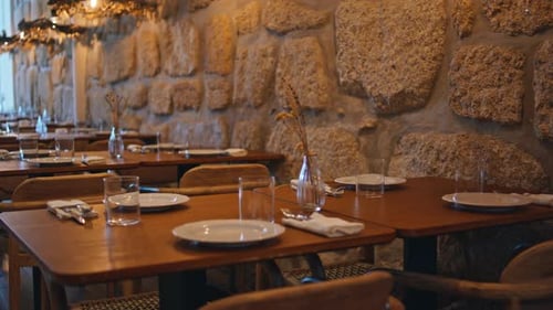 Cozy Cafe Interior Evening Camera Moving Comfortable Tables Served Tableware