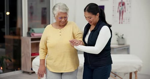 Support, walking and senior woman with nurse, checkup and elderly care in clinic for healthcare