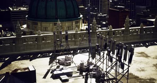 Communication Equipment on Rooftop with City Skyline in Daylight