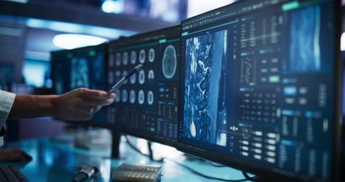 Modern Medical Research Center Anonymous Doctor Pointing At Desktop Computer Monitor With Ct Scan