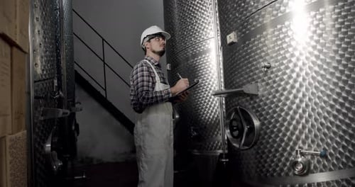 L'homme de l'usine de production de vin vérifie la qualité du processus de distillation des boissons