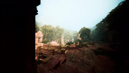 Serene Ancient Temple Surrounded By Overgrown Stone Structures and Soft Glow