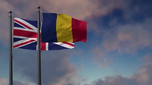 United Kingdom and Chad Flags Waving Realistic Animation