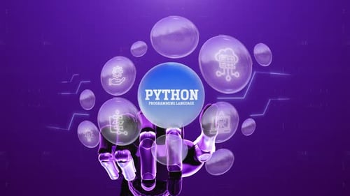 Robotic Hand Holding Glowing Tech Spheres with Python Programming Language