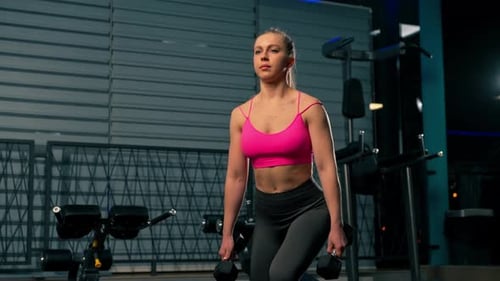 in the Gym Girl with a Ponytail in a Pink Top Does Lunges with Dumbbells in Her Hands