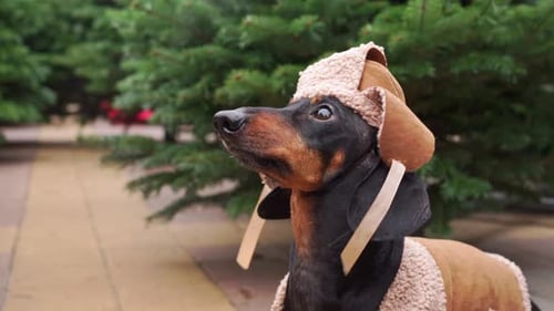 Dachshund dressed in stylish hat barks standing in park