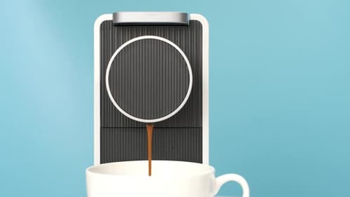 Coffee from capsule coffee machine is poured into white cup close-up on a blue background.