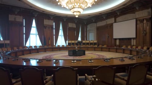 Meeting room with round table and chairs in romanian parliament