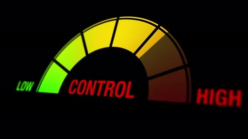 Animation of a control gauge transitioning from low to high with vibrant colors