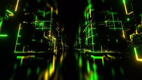 Green And Yellow Cyber Space With Neon Abstract Cubic Forms Background Vj Loop In 4K