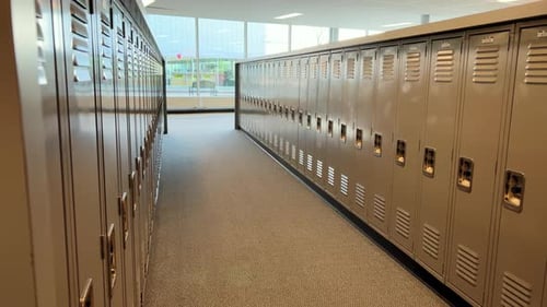 Wide Shot View of Lockers in the School Hallway Day Time Move Camera
