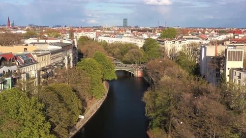 Aerial view of bridge over river Spree, Germany.