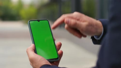 Businessman Swiping Template Mobile Phone Closeup Hands Touching Chroma Key