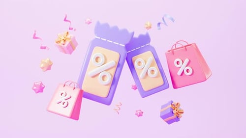 Modern 3D Animation of Discount Coupons, Shopping Bags, and Gifts
