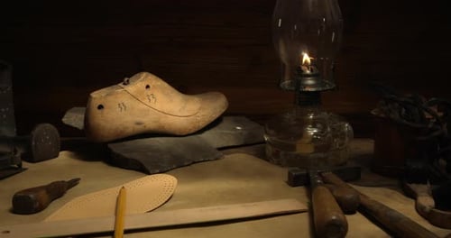 Vintage Shoemaking Tools and Oil Lamp