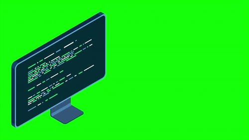 Animated Isometric Computer Monitor Displaying Programming Code