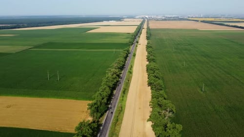Automobile Asphalt Road with Cars Driving Along It Between Agricultural Fields