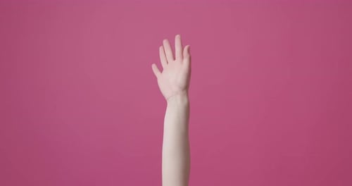 Arm Waving Goodbye Against Pink Background