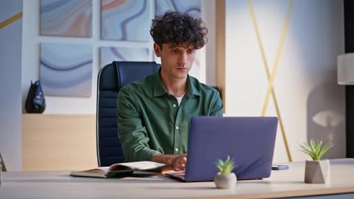 Focused Copywriter Working Laptop at Home Workspace Closeup Serious Manager